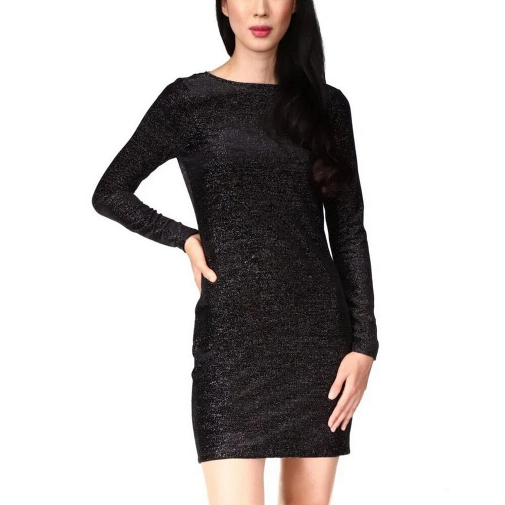 MICHAEL Michael Kors Black Crew Neckline Long Sleeve Metalic Short Dress M